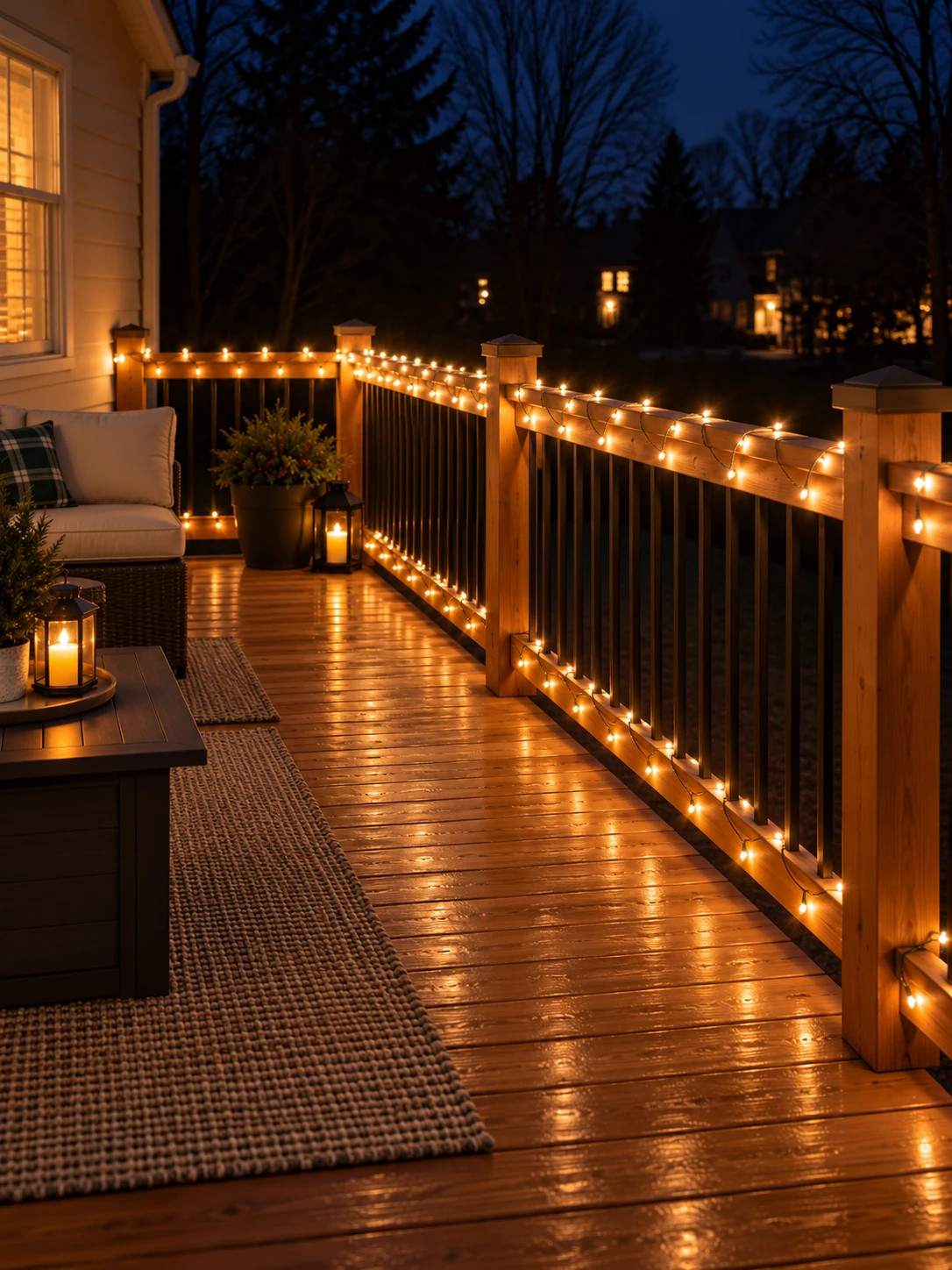 Deck railing with warm white lights along both the top and bottom rails