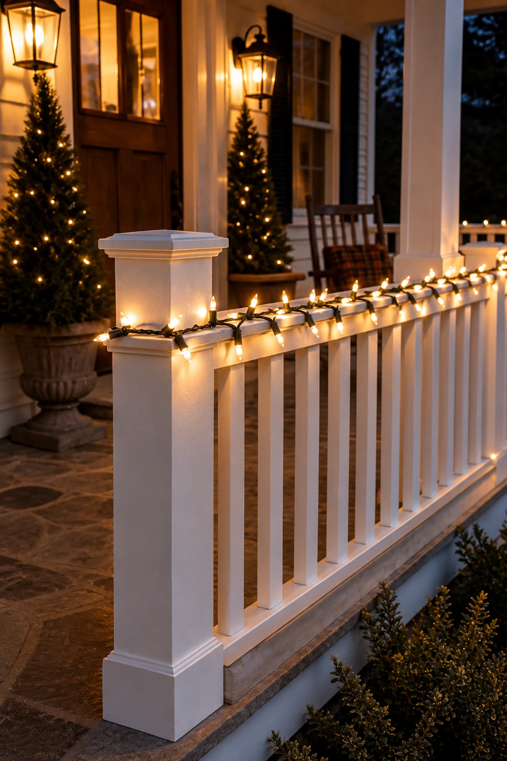 Porch railing with warm white lights along the top rail only