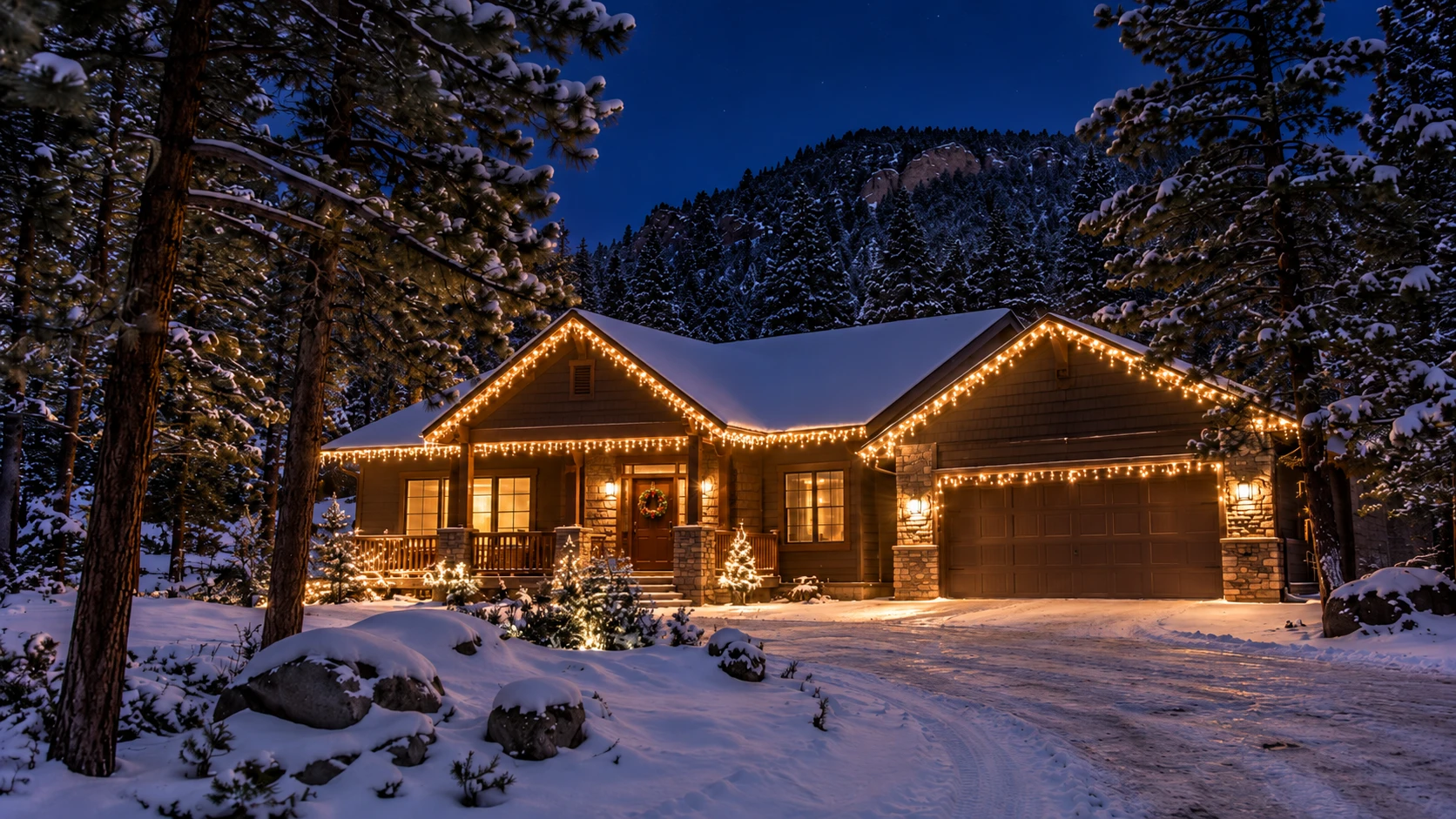 Single-story mountain home at dusk with warm white Christmas lights along the roofline, porch, and garage