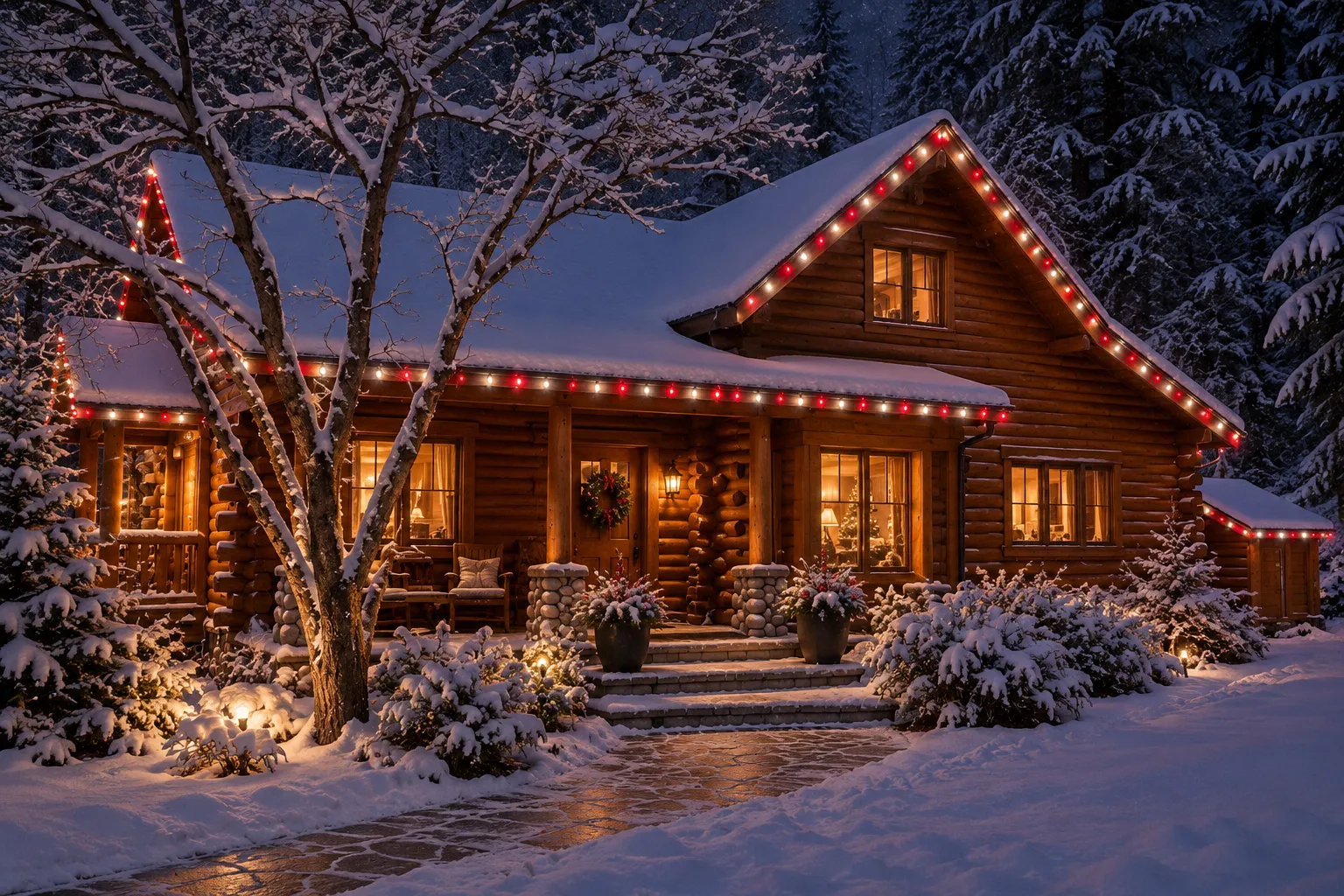 Log home with alternating red and warm white C9 lights along the roofline
