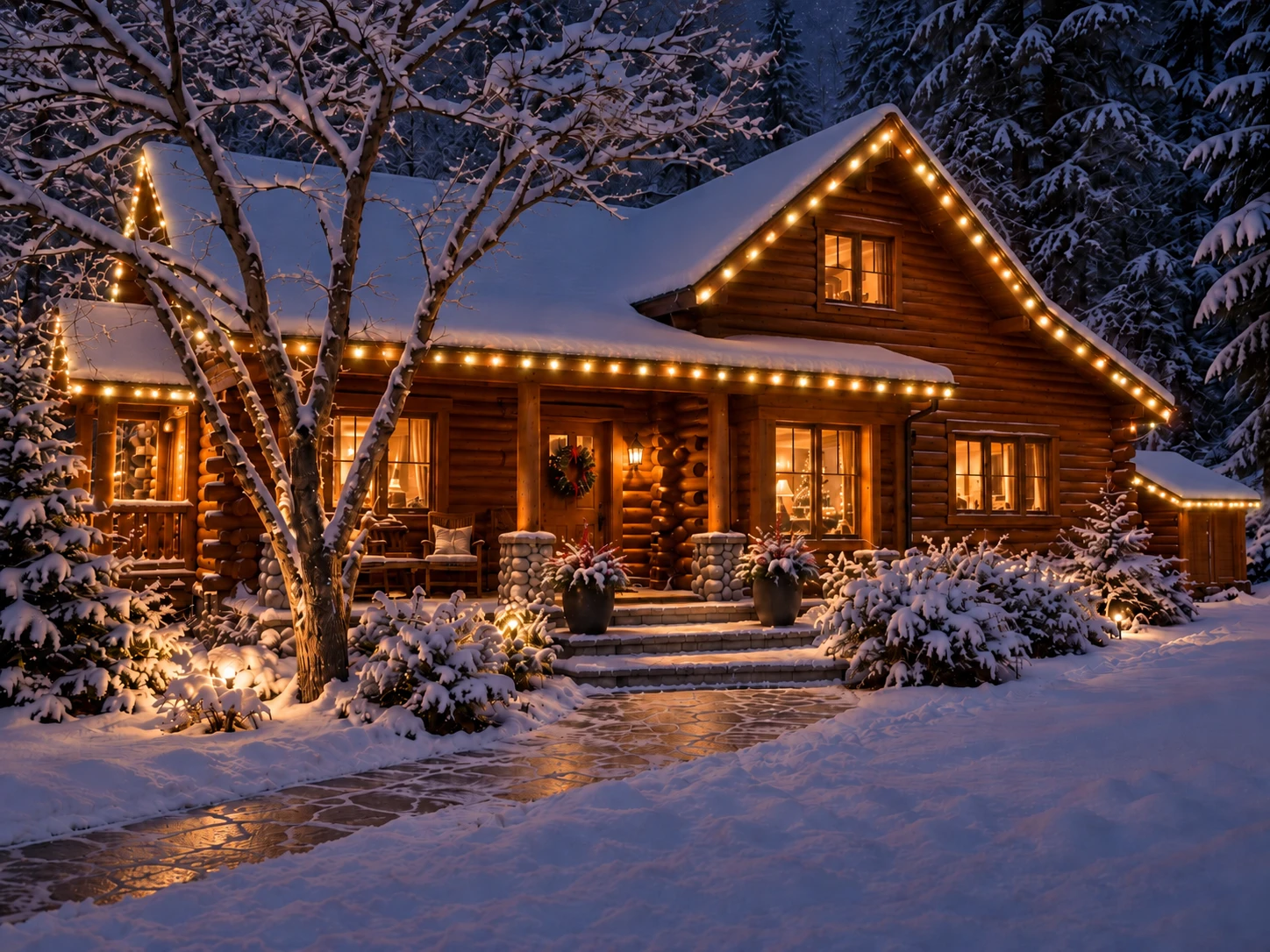 Log home with warm white C9 lights along the roofline