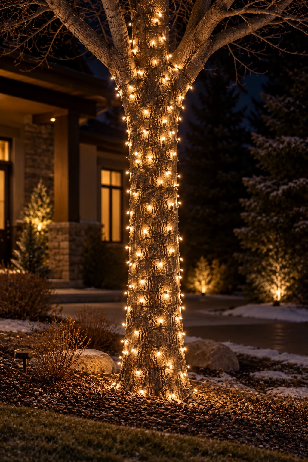 Tree trunk wrapped in clear white mini lights