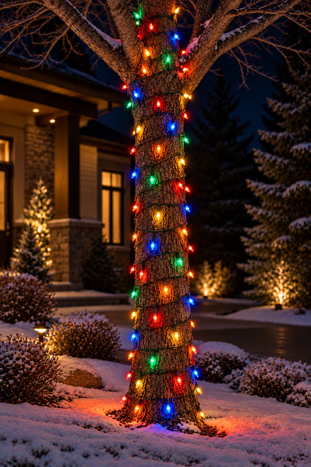 Tree trunk wrapped in multi-color mini lights
