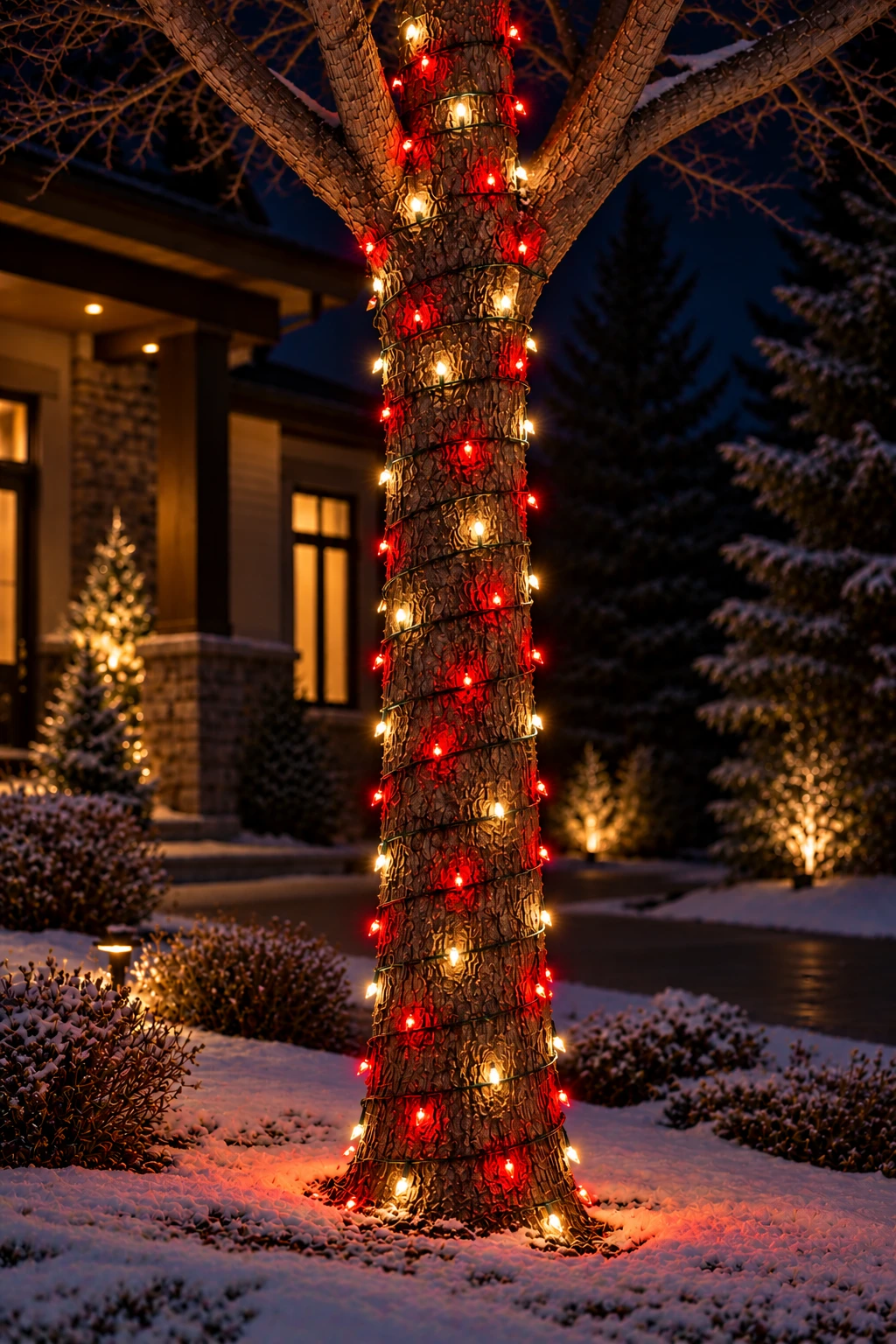 Tree trunk wrapped in alternating red and warm white mini lights