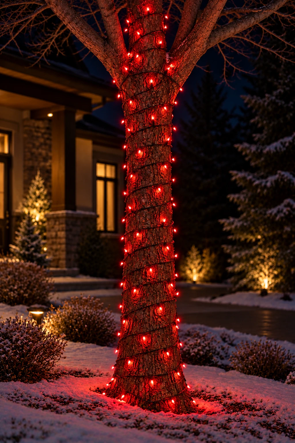 Tree trunk wrapped in red mini lights