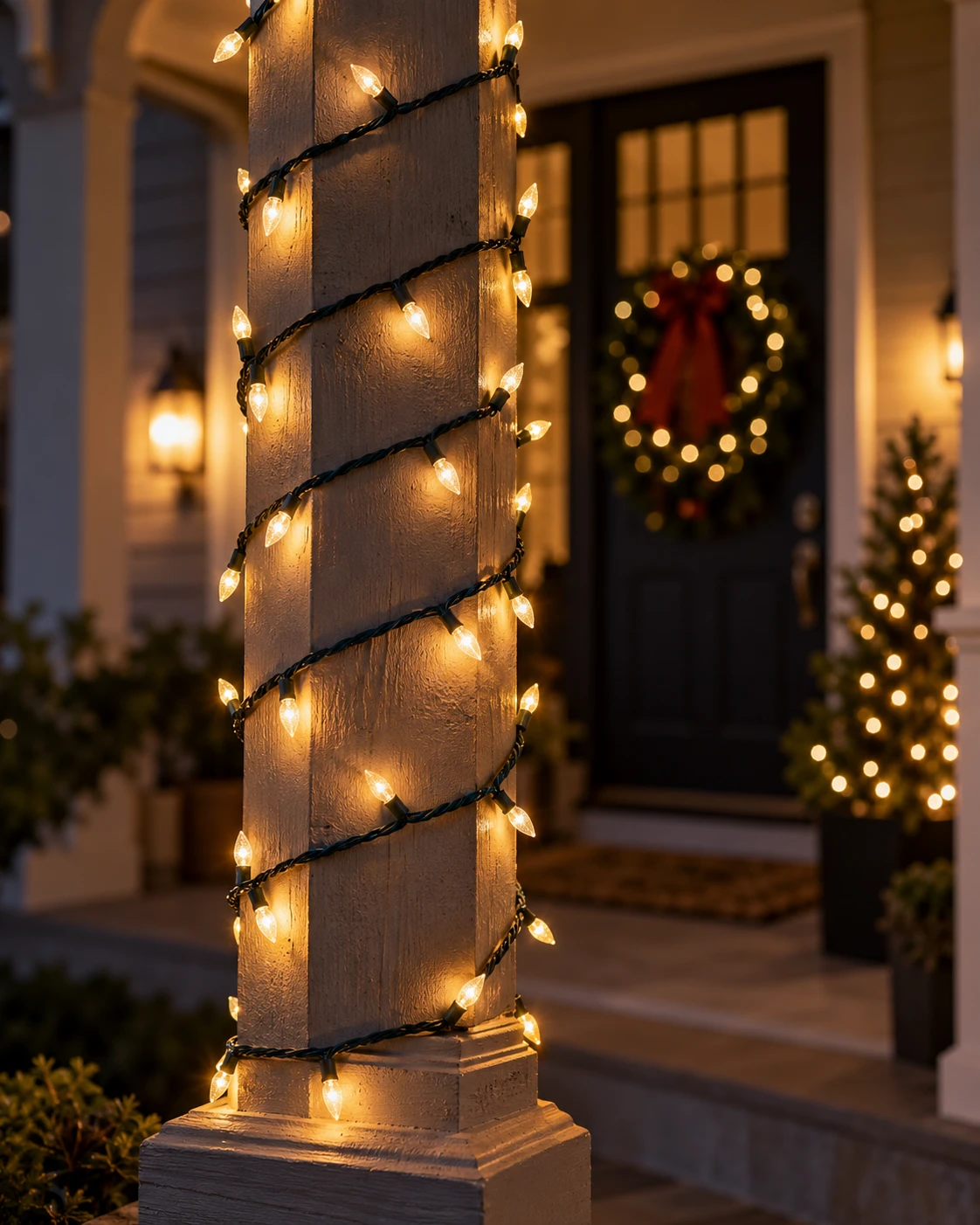 Porch post with standard spaced warm white light wraps